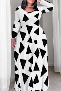 White Black Casual Print Patchwork O Neck Long Plus Size Dresses