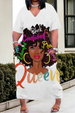 Black Gray Street Cartoon Print portrait Pocket Contrast V Neck Printed Plus Size Dresses