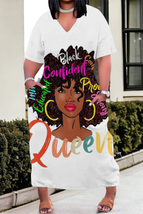 White Street Cartoon Print portrait Pocket Contrast V Neck Printed Plus Size Dresses