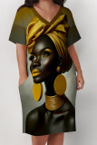 Black Street Letter Print portrait Pocket Contrast V Neck Printed Plus Size Dresses