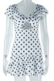 White Sexy Casual Polka Dot Print Hollow Out Square Neck Short Sleeve Dresses