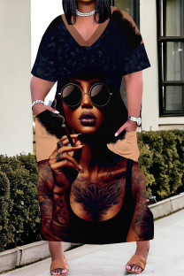 Black khaki Casual Print portrait Pocket Contrast V Neck Printed Plus Size Dresses