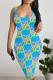 Blue Sexy Letter Print Gradient Contrast U Neck Printed Dresses