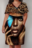 Beige Casual Print portrait Pocket Contrast V Neck Printed Plus Size Dresses