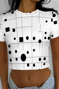 White Black Casual Print Patchwork O Neck T-Shirts