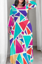 Multicolor Casual Print Patchwork O Neck Long Plus Size Dresses