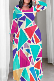 Multicolor Casual Print Patchwork O Neck Long Plus Size Dresses
