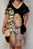 Black Street Letter Print portrait Pocket Contrast V Neck Printed Plus Size Dresses