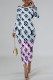 Blue Purple Casual Letter Print Gradient Contrast O Neck Printed Dresses