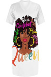 Black Gray Street Cartoon Print portrait Pocket Contrast V Neck Printed Plus Size Dresses
