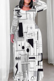 White Red Casual Print Patchwork O Neck Long Plus Size Dresses