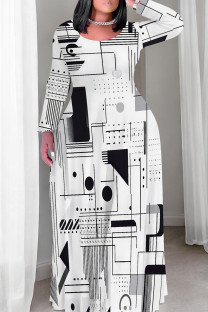 White Casual Print Patchwork O Neck Long Plus Size Dresses