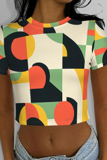 Green Yellow Casual Print Patchwork O Neck T-Shirts