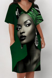 Beige Casual Print portrait Pocket Contrast V Neck Printed Plus Size Dresses