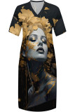 Black Gray Street Cartoon Print portrait Pocket Contrast V Neck Printed Plus Size Dresses