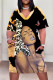 Yellow Street Letter Print portrait Pocket Contrast V Neck Printed Plus Size Dresses