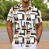 Dark Green Casual Geometric Print Buttons Contrast Turndown Collar Tops