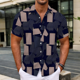 Dark Green Casual Geometric Print Buttons Contrast Turndown Collar Tops