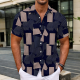 Tibetan Blue Casual Geometric Print Buttons Contrast Turndown Collar Tops