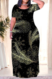 Black Casual Geometric Print Chain print Pocket Contrast O Neck Printed Plus Size Dresses