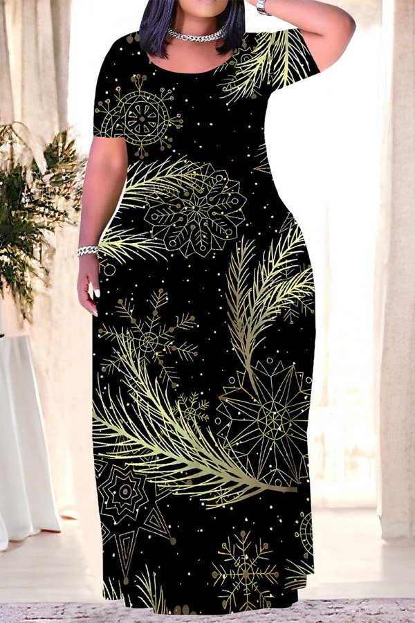 Black Casual Geometric Print Chain print Pocket Contrast O Neck Printed Plus Size Dresses