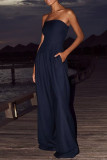 Navy Blue Casual Solid Color Pocket Patchwork Backless Strapless Loose Jumpsuits
