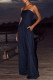 Navy Blue Casual Solid Color Pocket Patchwork Backless Strapless Loose Jumpsuits