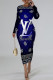 Black Purple Elegant Butterfly Letter Print Contrast O Neck Printed Dresses