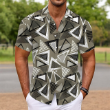 Dark Green Casual Geometric Print Buttons Contrast Turndown Collar Tops