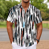 Dark Green Casual Geometric Print Buttons Contrast Turndown Collar Tops