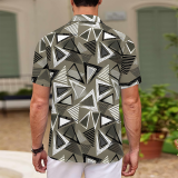 Dark Green Casual Geometric Print Buttons Contrast Turndown Collar Tops