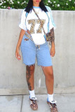 Blue Casual Leopard Print Patchwork Contrast O Neck T-Shirts