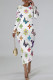Colour Elegant Butterfly Letter Print Contrast O Neck Printed Dresses