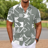 Dark Green Casual Geometric Print Buttons Contrast Turndown Collar Tops