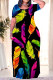 Colour Casual Leaves feather Pocket Contrast O Neck Printed Plus Size Dresses