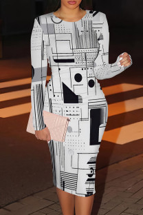 White Casual Print Patchwork O Neck Wrapped Skirt Dresses