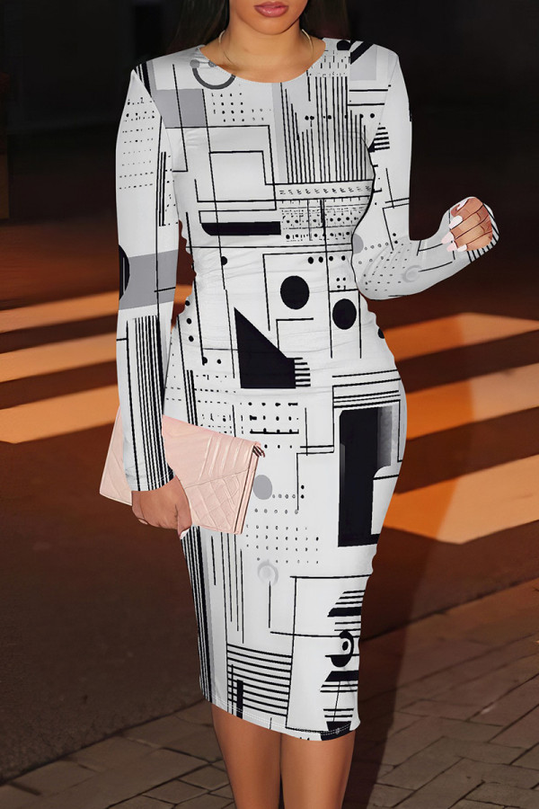 White Casual Print Patchwork O Neck Wrapped Skirt Dresses