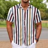 Dark Green Casual Geometric Print Buttons Contrast Turndown Collar Tops