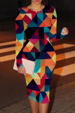 Red Blue Casual Print Patchwork O Neck Wrapped Skirt Dresses