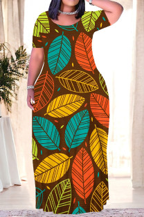 Brown Casual Leaves feather Pocket Contrast O Neck Printed Plus Size Dresses
