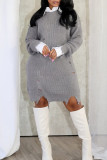 Grey Casual Ripped Patchwork Shirt Collar Long Dresses