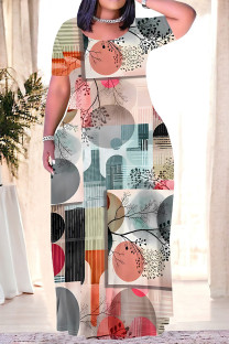 Pink Casual Leaves feather Pocket Contrast O Neck Printed Plus Size Dresses