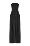 Navy Blue Casual Solid Color Pocket Patchwork Backless Strapless Loose Jumpsuits
