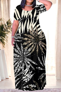 Black Casual Leaves feather Pocket Contrast O Neck Printed Plus Size Dresses