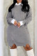 Grey Casual Ripped Patchwork Shirt Collar Long Dresses