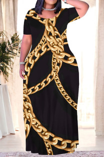Gold Casual Geometric Print Chain print Pocket Contrast O Neck Printed Plus Size Dresses
