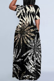 Khaki Casual Leaves feather Pocket Contrast O Neck Printed Plus Size Dresses