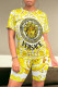 Yellow Casual Figure Print Letters Chain Contrast O Neck Short Sleeve Two Pieces