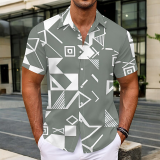 Dark Green Casual Geometric Print Buttons Contrast Turndown Collar Tops