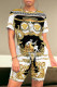 Black Gold Casual Figure Print Letters Chain Contrast O Neck Short Sleeve Two Pieces